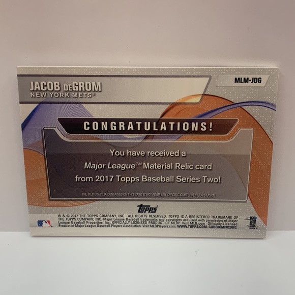 2017 Topps Jacob DeGrom Material Relic #MLM-JDG 08/25 (MISC10) - Picture 2 of 2